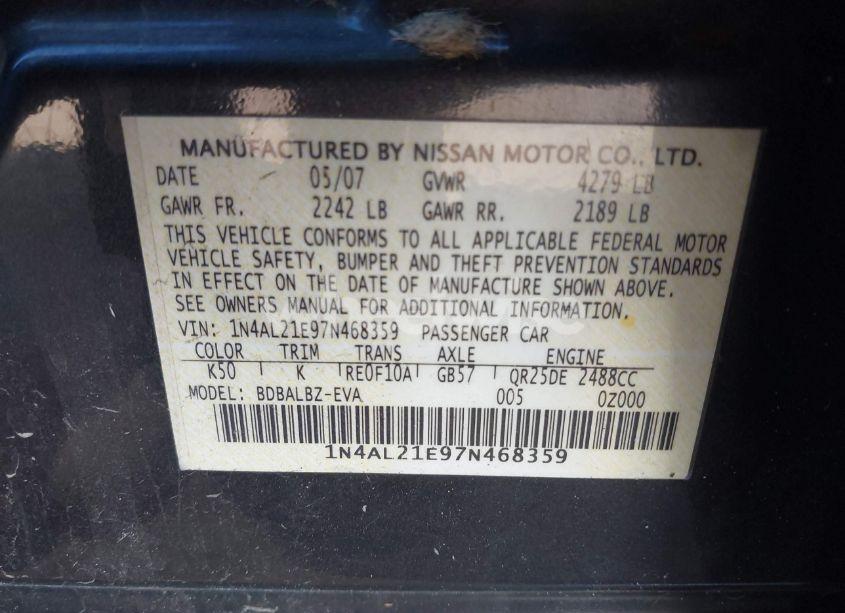 Photo 9 of 2007 Nissan Altima 2.5 S (VIN 1N4AL21E97N468359)