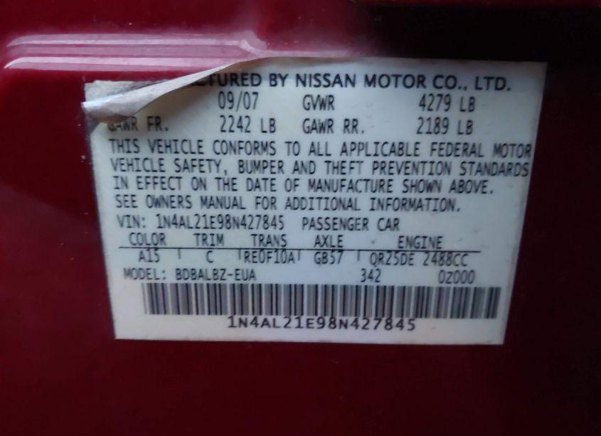Photo 9 of 2008 Nissan Altima 2.5 S (VIN 1N4AL21E98N427845)
