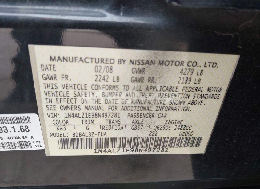 Photo 9 of 2008 Nissan Altima 2.5 S (VIN 1N4AL21E98N497281)