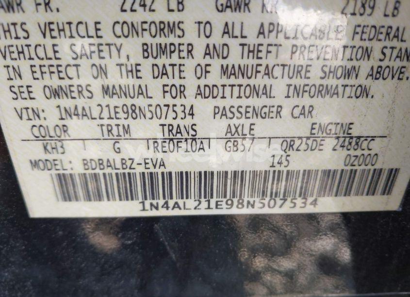 Photo 9 of 2008 Nissan Altima 2.5 S (VIN 1N4AL21E98N507534)