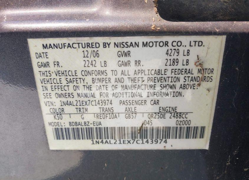 Photo 9 of 2007 Nissan Altima 2.5 S (VIN 1N4AL21EX7C143974)