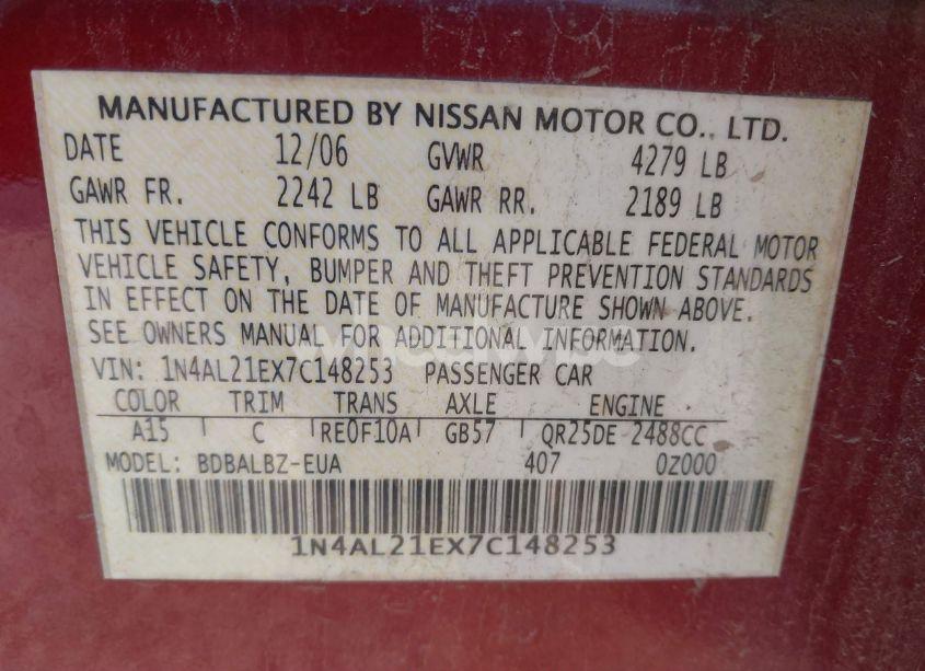 Photo 9 of 2007 Nissan Altima 2.5 S (VIN 1N4AL21EX7C148253)