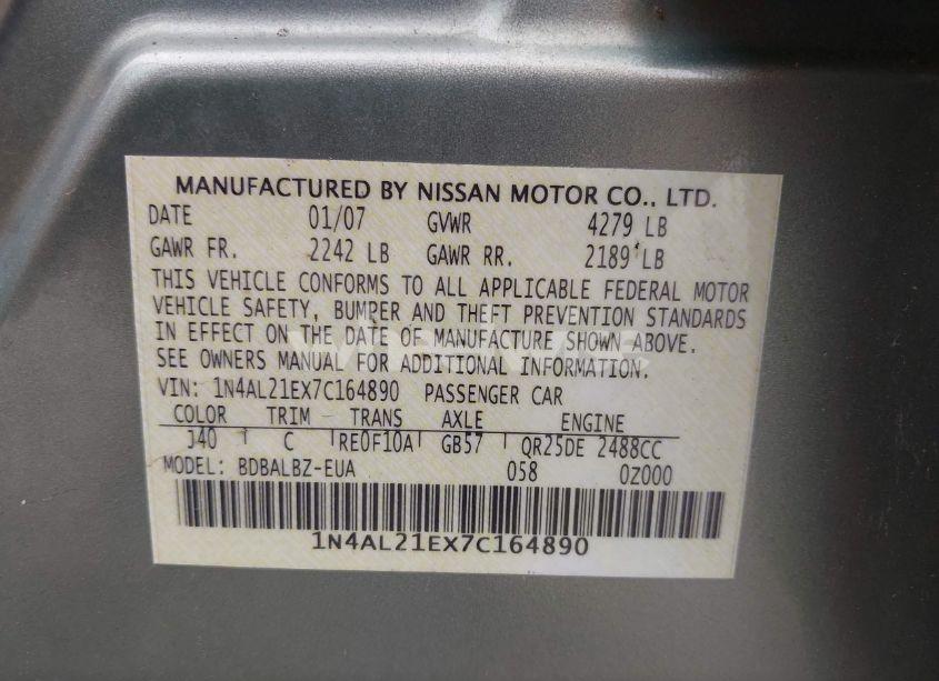 Photo 9 of 2007 Nissan Altima 2.5 S (VIN 1N4AL21EX7C164890)