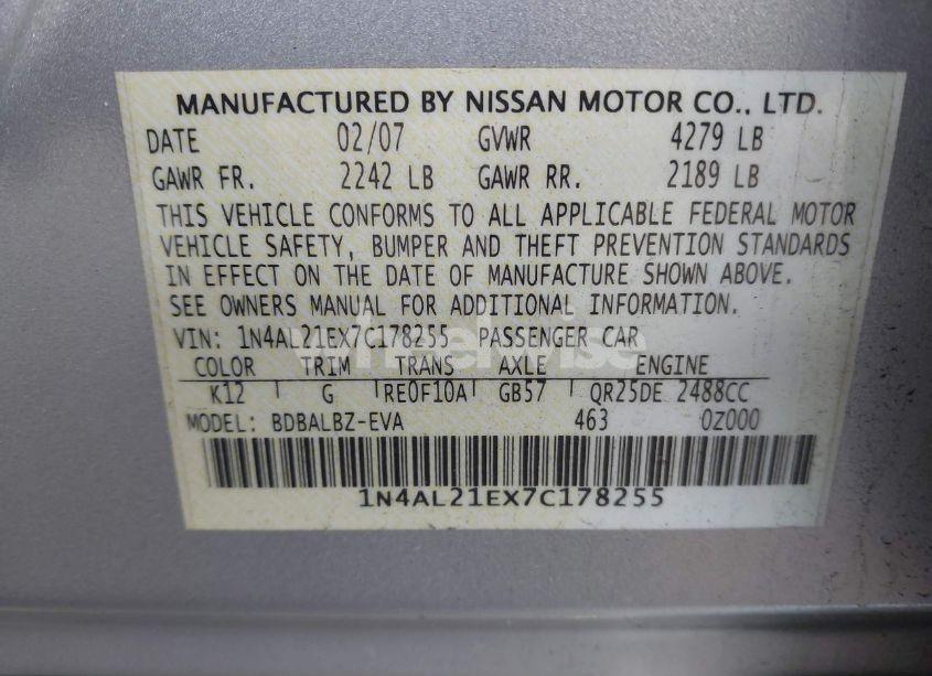 Photo 9 of 2007 Nissan Altima 2.5 S (VIN 1N4AL21EX7C178255)