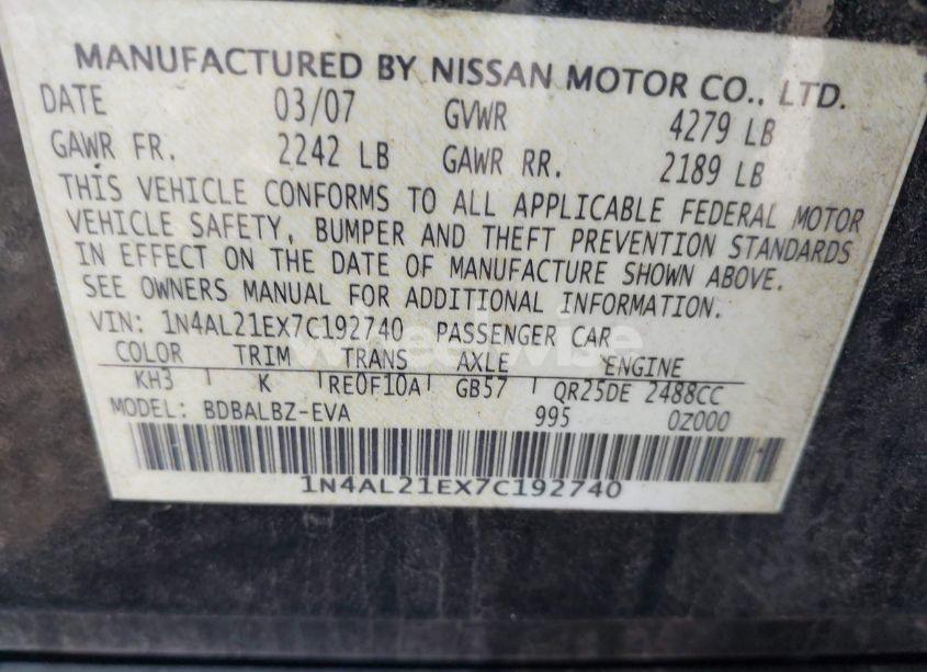 Photo 9 of 2007 Nissan Altima 2.5 S (VIN 1N4AL21EX7C192740)