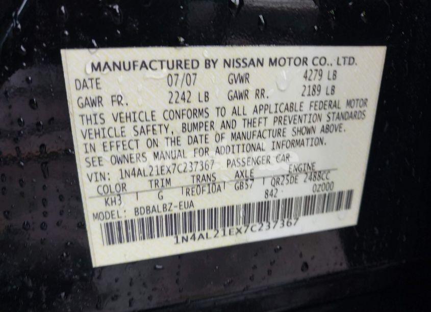 Photo 9 of 2007 Nissan Altima 2.5 S (VIN 1N4AL21EX7C237367)