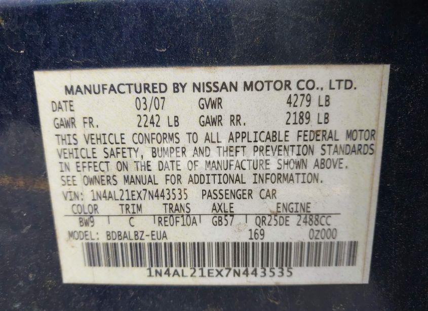 Photo 9 of 2007 Nissan Altima 2.5 S (VIN 1N4AL21EX7N443535)