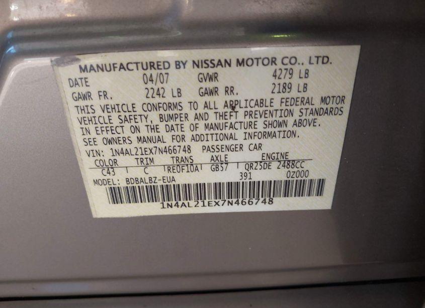 Photo 9 of 2007 Nissan Altima 2.5 S (VIN 1N4AL21EX7N466748)