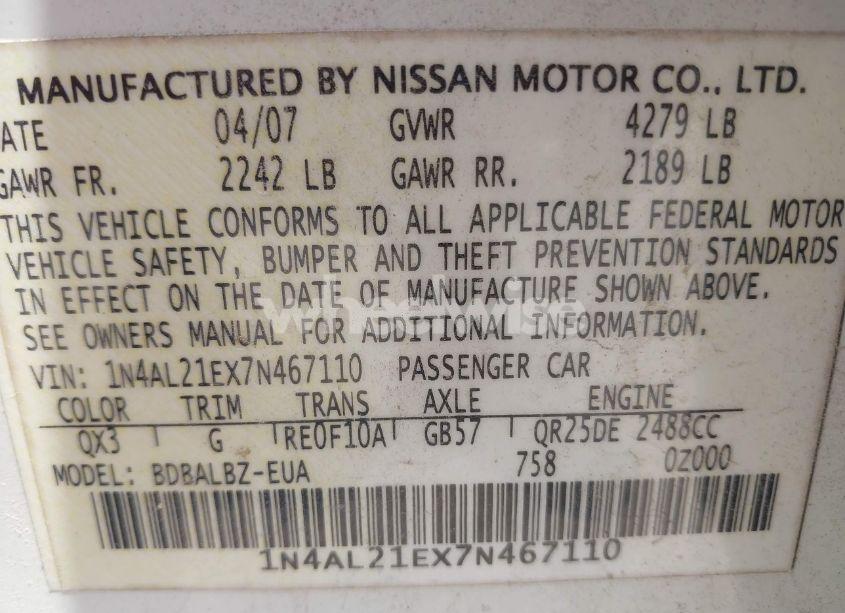Photo 9 of 2007 Nissan Altima 2.5 S (VIN 1N4AL21EX7N467110)
