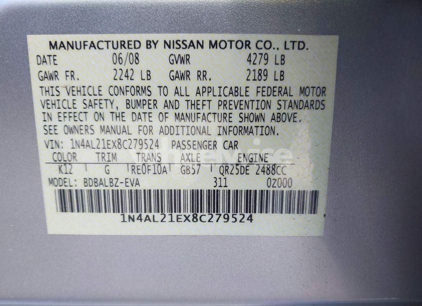 Photo 9 of 2008 Nissan Altima 2.5 S (VIN 1N4AL21EX8C279524)