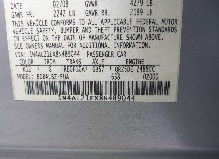 Photo 9 of 2008 Nissan Altima 2.5 S (VIN 1N4AL21EX8N489044)