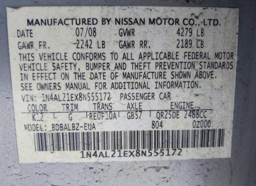 Photo 9 of 2008 Nissan Altima 2.5 S (VIN 1N4AL21EX8N555172)