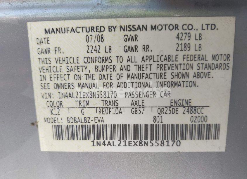 Photo 9 of 2008 Nissan Altima 2.5 S (VIN 1N4AL21EX8N558170)