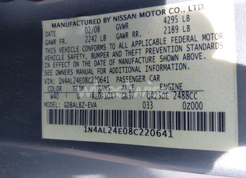 Photo 9 of 2008 Nissan Altima 2.5 S (VIN 1N4AL24E08C220641)
