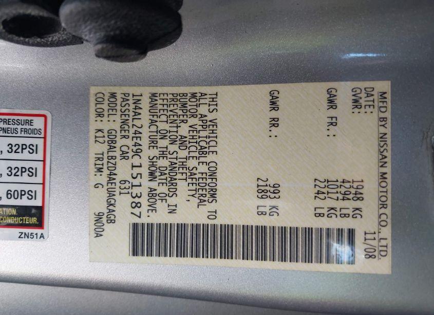 Photo 9 of 2009 Nissan Altima 2.5 S (VIN 1N4AL24E49C151387)