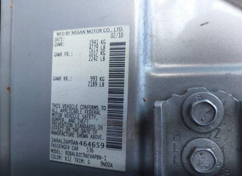 Photo 9 of 2010 Nissan Altima 2.5 SL (VIN 1N4AL2AP0AN464659)