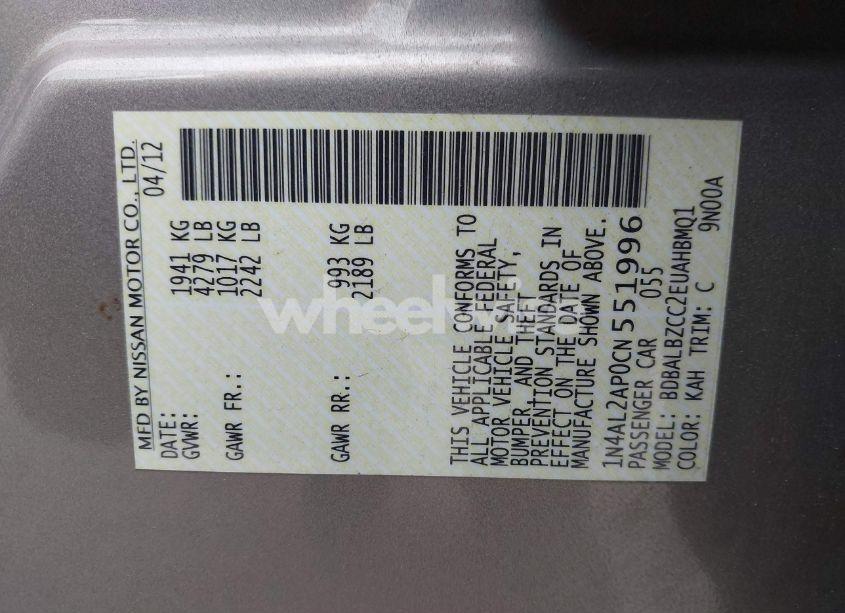 Photo 9 of 2012 Nissan Altima 2.5 SL (VIN 1N4AL2AP0CN551996)