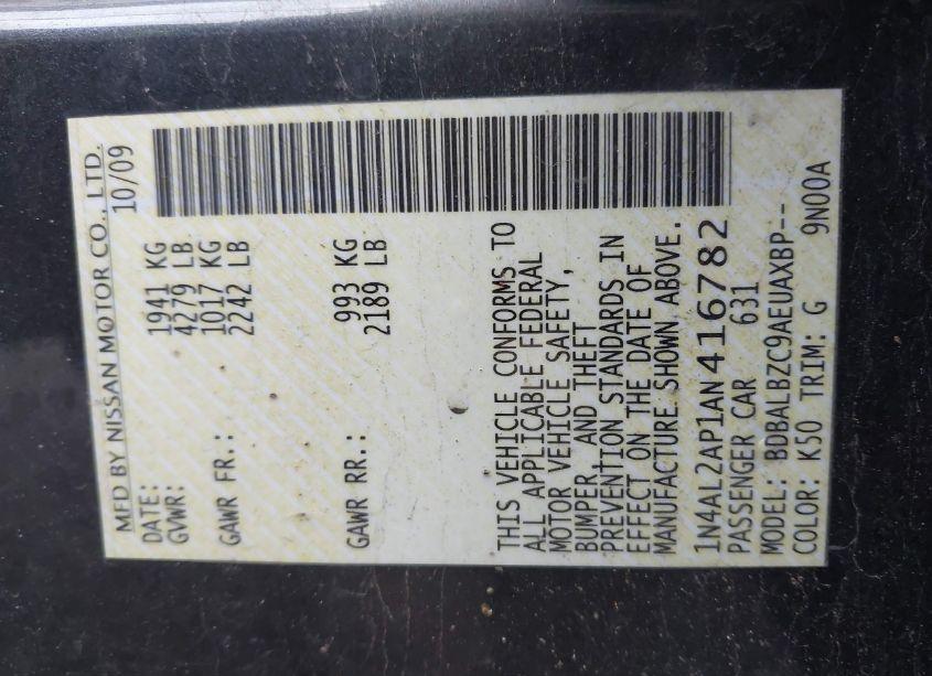 Photo 9 of 2010 Nissan Altima 2.5 SL (VIN 1N4AL2AP1AN416782)