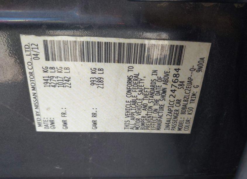 Photo 9 of 2012 Nissan Altima 2.5 S (VIN 1N4AL2AP1CC247684)