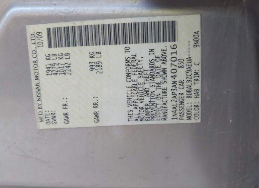 Photo 9 of 2010 Nissan Altima 2.5 S (VIN 1N4AL2AP3AN407016)