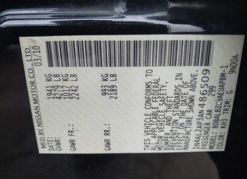 Photo 9 of 2010 Nissan Altima 2.5 SL (VIN 1N4AL2AP3AN486509)