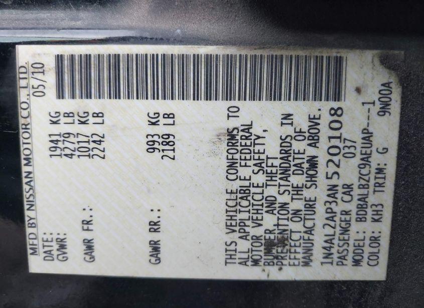 Photo 9 of 2010 Nissan Altima 2.5 S (VIN 1N4AL2AP3AN520108)