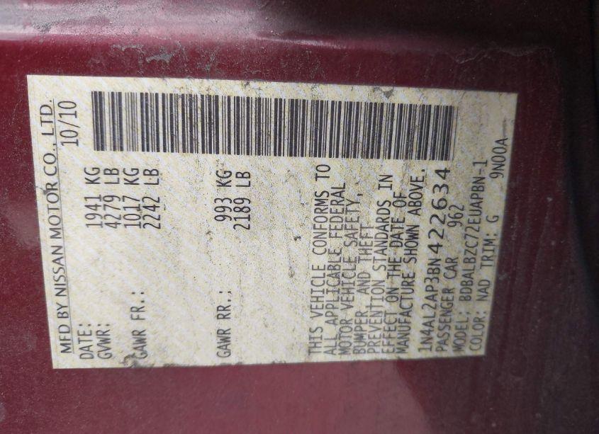 Photo 9 of 2011 Nissan Altima 2.5 S (VIN 1N4AL2AP3BN422634)