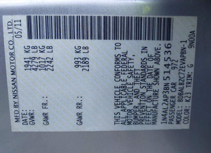 Photo 9 of 2011 Nissan Altima 2.5 S (VIN 1N4AL2AP3BN514536)