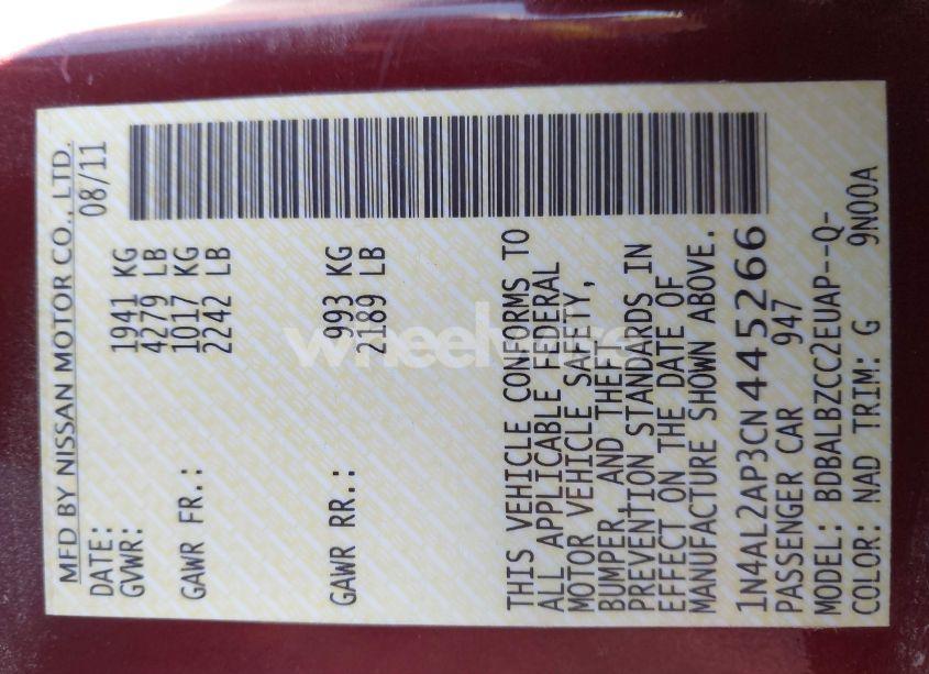 Photo 9 of 2012 Nissan Altima 2.5 S (VIN 1N4AL2AP3CN445266)