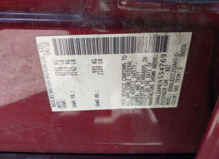 Photo 9 of 2012 Nissan Altima 2.5 S (VIN 1N4AL2AP4CN554769)