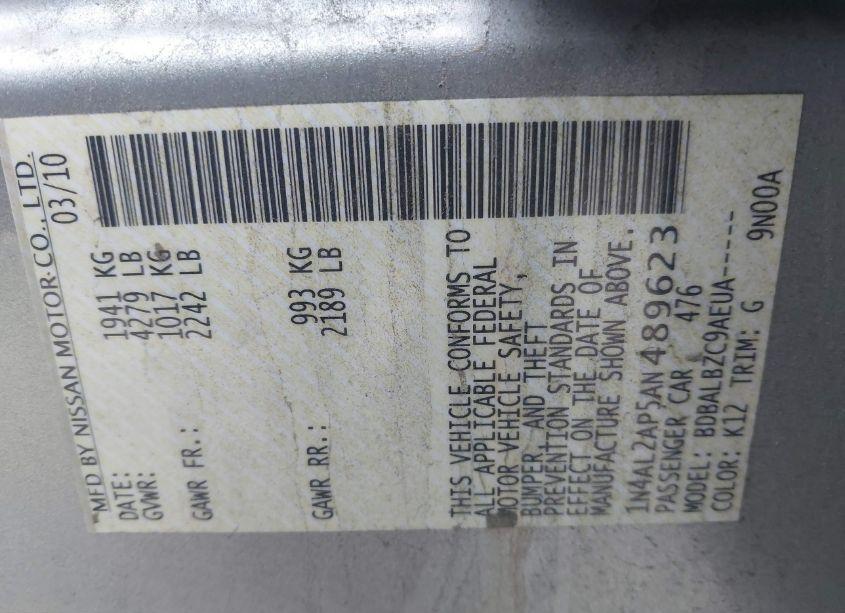 Photo 9 of 2010 Nissan Altima 2.5 S (VIN 1N4AL2AP5AN489623)