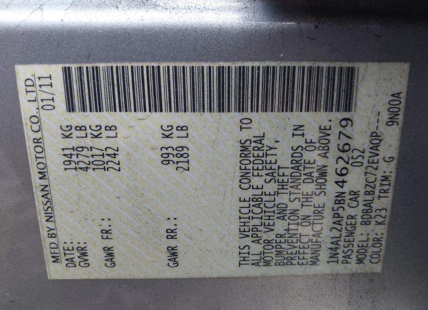 Photo 9 of 2011 Nissan Altima 2.5 S (VIN 1N4AL2AP5BN462679)