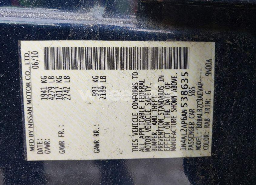 Photo 9 of 2010 Nissan Altima 2.5 S (VIN 1N4AL2AP6AN538635)