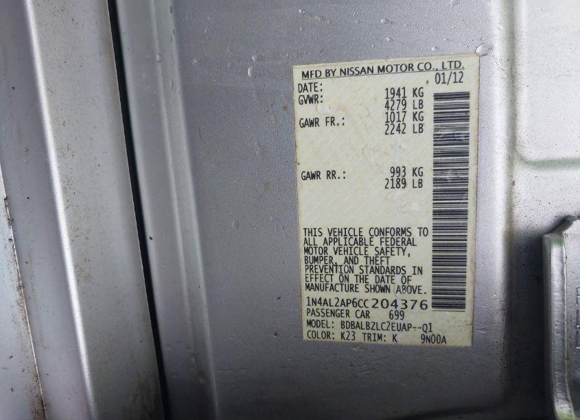 Photo 9 of 2012 Nissan Altima 2.5 S (VIN 1N4AL2AP6CC204376)