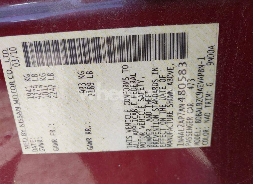 Photo 9 of 2010 Nissan Altima 2.5 SL (VIN 1N4AL2AP7AN480583)