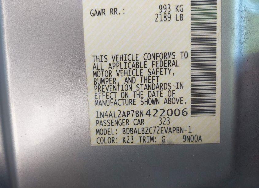 Photo 9 of 2011 Nissan Altima 2.5 S (VIN 1N4AL2AP7BN422006)