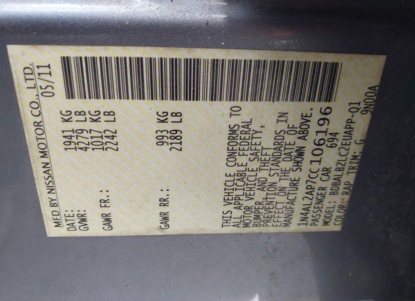 Photo 9 of 2012 Nissan Altima 2.5 S (VIN 1N4AL2AP7CC106196)