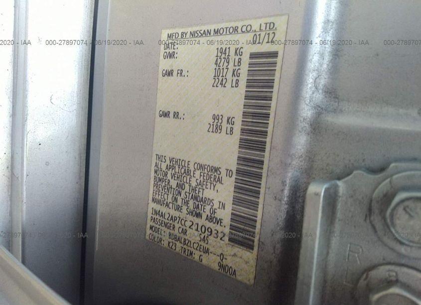 Photo 9 of 2012 Nissan Altima 2.5 S (VIN 1N4AL2AP7CC210932)