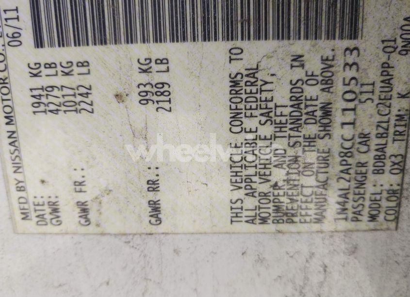 Photo 9 of 2012 Nissan Altima 2.5 S (VIN 1N4AL2AP8CC110533)