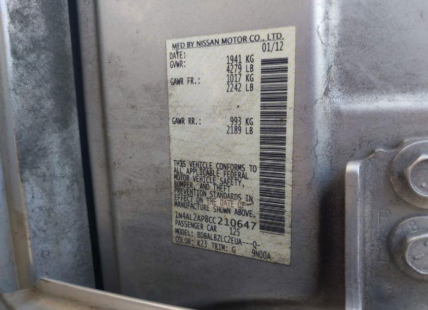 Photo 9 of 2012 Nissan Altima S (VIN 1N4AL2AP8CC210647)