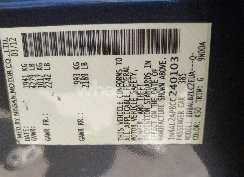 Photo 9 of 2012 Nissan Altima 2.5 S (VIN 1N4AL2AP8CC240103)