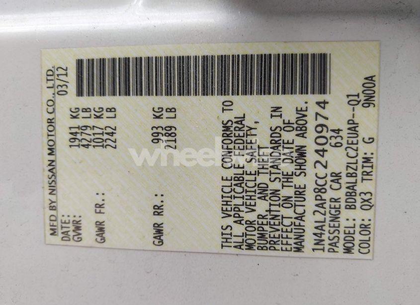 Photo 9 of 2012 Nissan Altima 2.5 S (VIN 1N4AL2AP8CC240974)