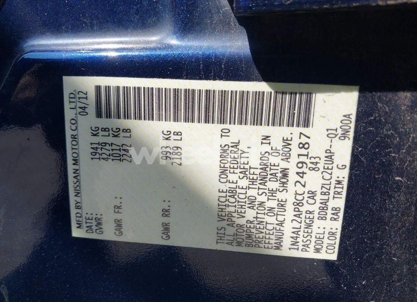 Photo 9 of 2012 Nissan Altima 2.5 S (VIN 1N4AL2AP8CC249187)