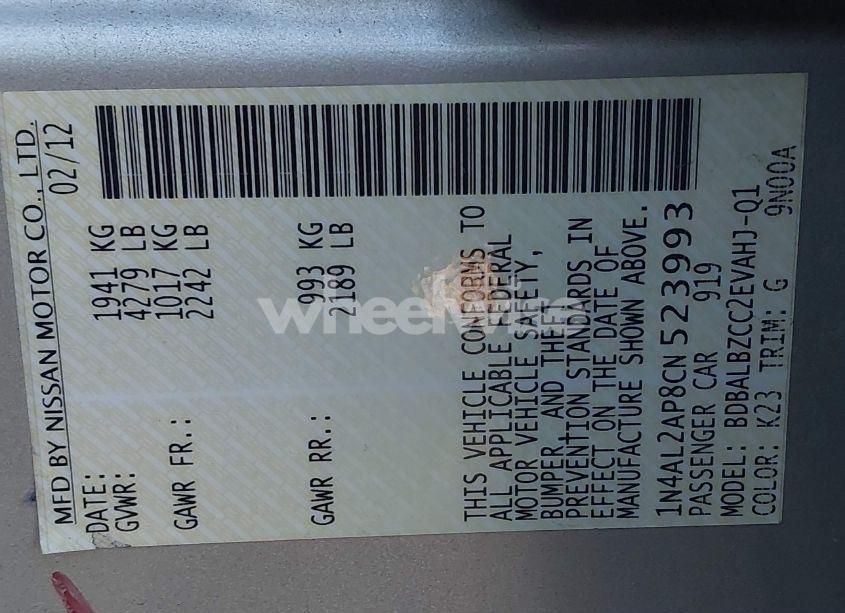 Photo 9 of 2012 Nissan Altima 2.5 S (VIN 1N4AL2AP8CN523993)