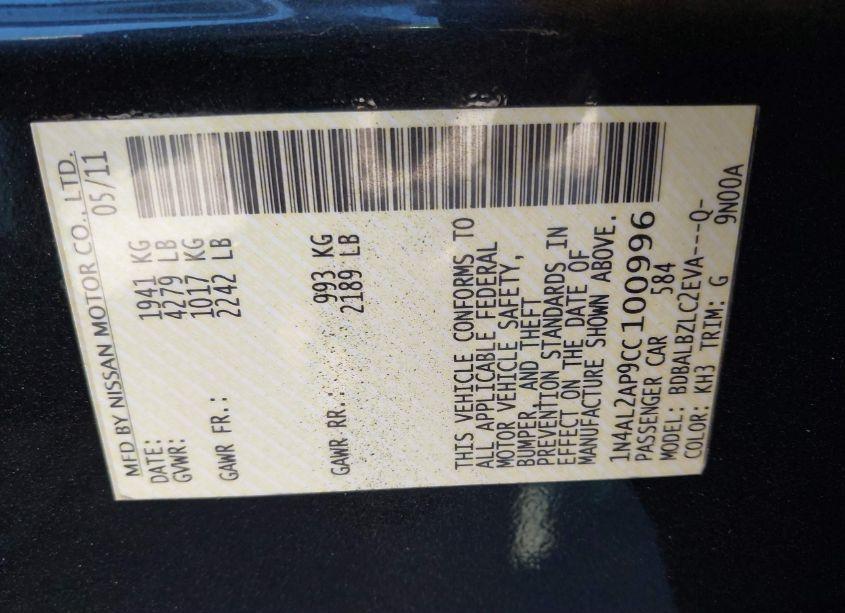 Photo 9 of 2012 Nissan Altima 2.5 S (VIN 1N4AL2AP9CC100996)