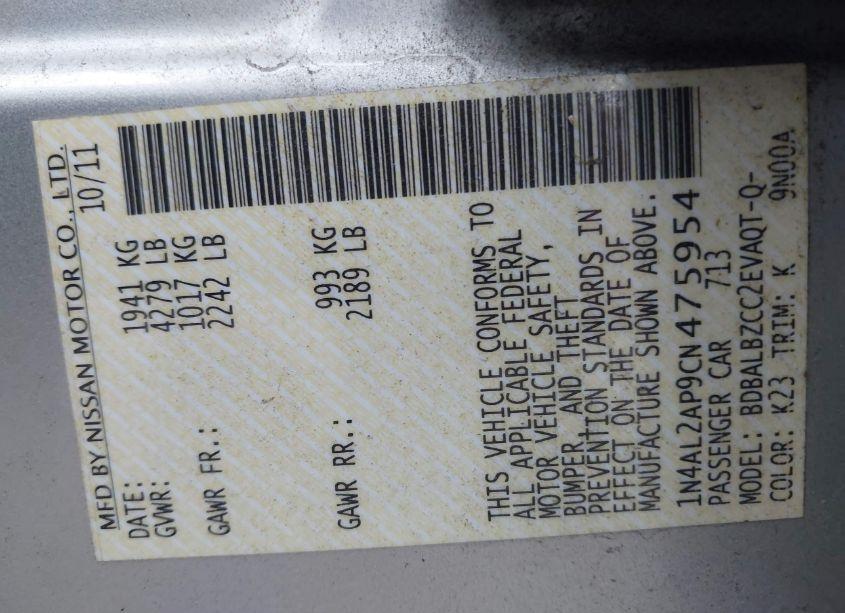 Photo 9 of 2012 Nissan Altima 2.5 S (VIN 1N4AL2AP9CN475954)