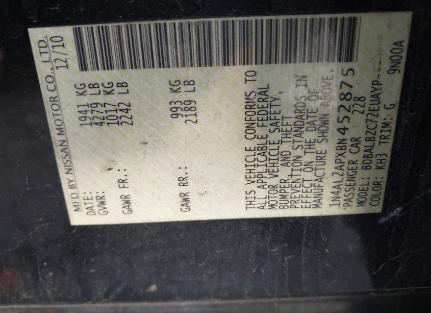 Photo 9 of 2011 Nissan Altima 2.5 S (VIN 1N4AL2APXBN452875)