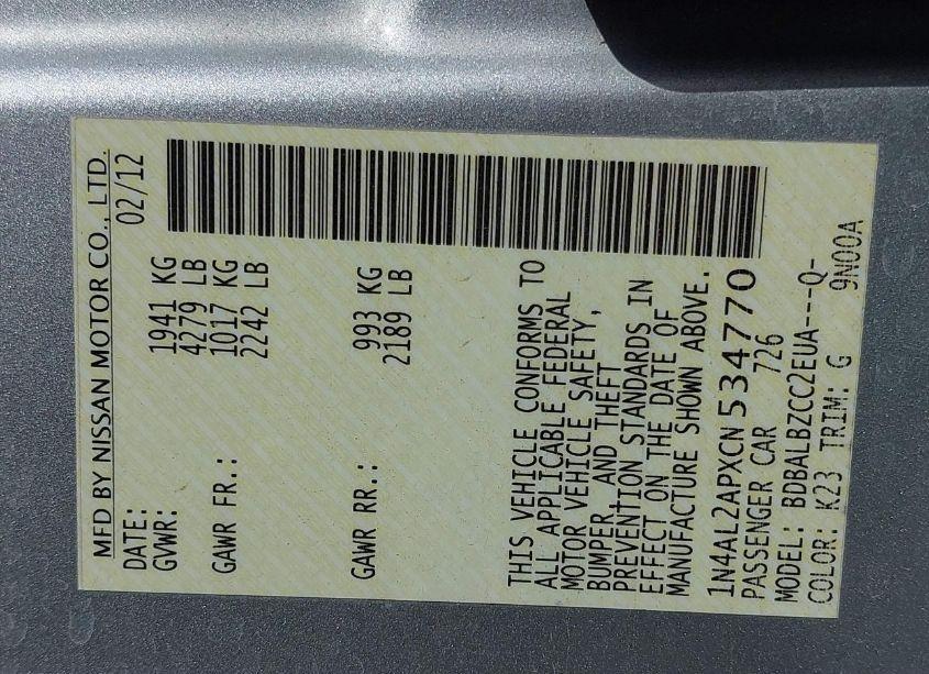 Photo 9 of 2012 Nissan Altima 2.5 S (VIN 1N4AL2APXCN534770)