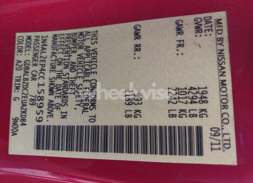 Photo 9 of 2012 Nissan Altima 2.5 S (VIN 1N4AL2EP4CC158959)