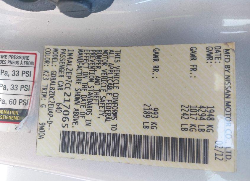 Photo 9 of 2012 Nissan Altima 2.5 S (VIN 1N4AL2EP7CC217065)